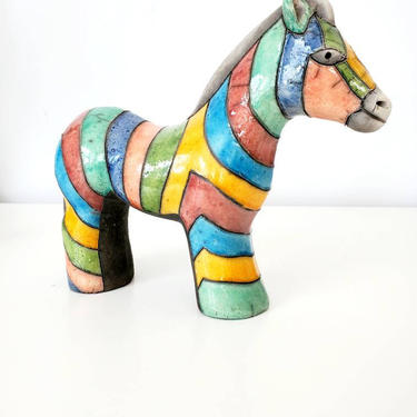 Vintage Large Colorful Ceramic Raku Zebra / Trojan Horse 