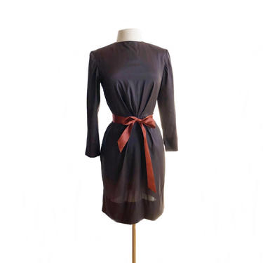 Vintage 60s brown silk dress/ chocolate brown cocktail dress/ orange ribbon belt/lustrous sleek fabric/ 1960s long sleeve dress 