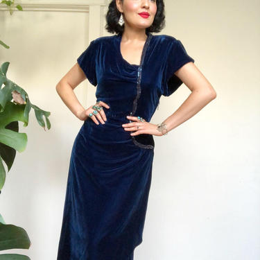 1940s Silk Velvet Gathered Sarong Style Bombshell Femme Fatal Film Noir Gown Dress Pinup 