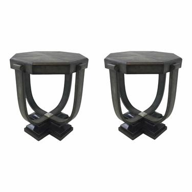 Art Deco Style Maitland Smith Modern Black Faux Shagreen and Marble Octagonal End Tables Pair