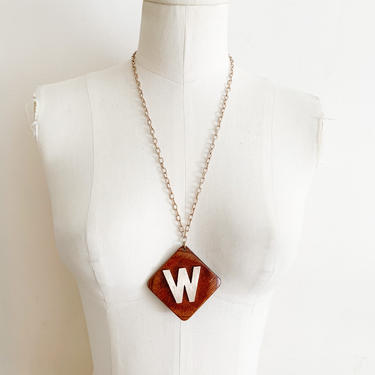Vintage 1970s Wooden Statement Necklace with &amp;quot;W&amp;quot; large charm 