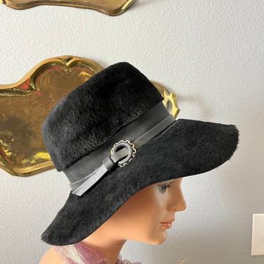 Vintage Faux Fur Wide Brim Hat, Wool, W. Germany, 60s Floppy Hat 