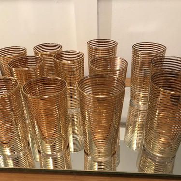 12 Dozen Gold Band Tumblers 22 KT band stripe Atomic Era Barware Eames Era Glassware Housewares 