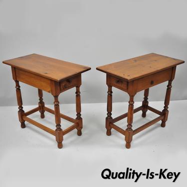Pair of Knotty Pine Wood One Drawer Deep End Tables Vtg Primitive Colonial Style