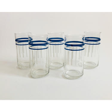 Vintage Blue and White Striped Tumblers / Set of 5 
