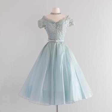 Stunning 1950's Crystal Aquamarine Organza Party Dress / Small