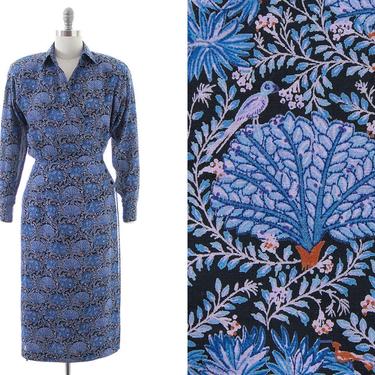 Vintage 1980s Wrap Dress | 80s does 40s Bird Floral Printed Blue Rayon Long Sleeve Sheath Wiggle Dress (small) 
