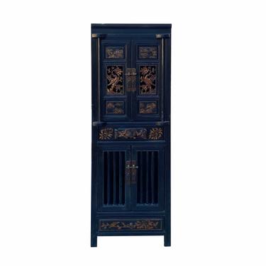 Chinese Fujian Black Golden Carving Narrow Wood Storage Wardrobe Cabinet cs7068E 