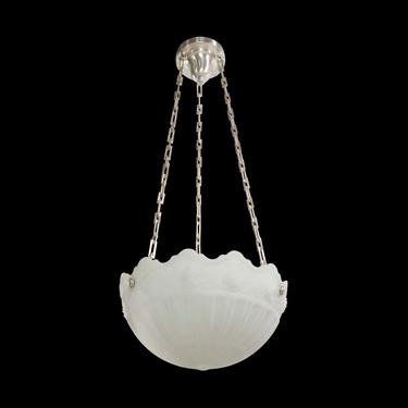 Antique 1900s Cast Glass Silver Chain Dish Pendant Light