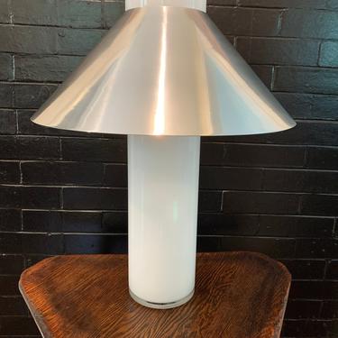 Mid Century Modern White Glass Lamp with Stainless Shade 
