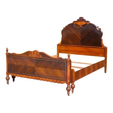 Vintage Art Deco Jacobean Revival Walnut & Maple Full Double Bed Frame