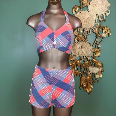 1940s playsuit, vintage swimwear, 2 piece set play set, shorts and bra top, plaid cotton, pink and blue, 26 waist, size small, halter top 