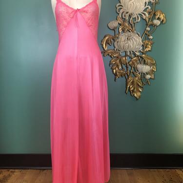 1970s nightgown, bubblegum pink, vintage nightgown, sheer lace, size medium, low back, 1970s lingerie, John kloss, beau monde, sexy, boudoir 