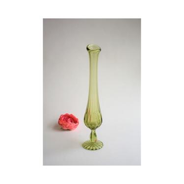 Stretch Glass Footed Bud Vase | Avocado Green MCM Suncatcher Art | 1960s 70s 80s | Likely Fenton or Viking American USA Made | Getwell Gift 