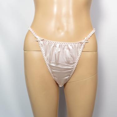 Vintage 80s Victorias Secret Deadstock Never Worn Pink Satin Tanga Cut Panties With Bow Detail Gold Label Made In USA NWT Size L 