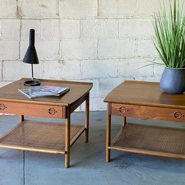 Mid Century Modern Caned WALNUT END TABLES / Side Tables by Lane Furniture 