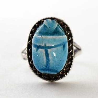 Big 40's Egyptian 800 silver faience scarab size 9 ring, detailed high glaze blue ceramic beetle in silver statement 