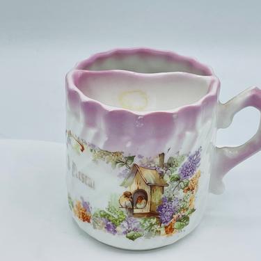 Victorian Gift Cup Pink West Germany &quot;Present&quot; Pink Shaving Mug featuring birds and flowers- RARE find 