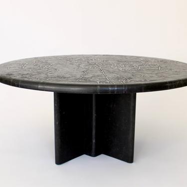 Carved Ingraved or Incised Pattern Round Low Black Marble French Coffee Table