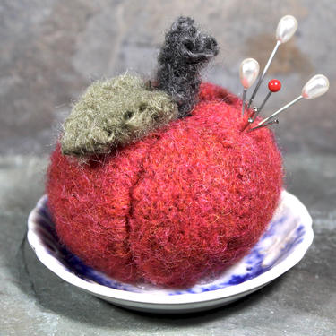 Big Apple Pin Cushion - Vintage Porcelain Tiny Ceramic Plate Upcycled into a Pin Cushion - Handmade - Felted Apple Pin Cushion 