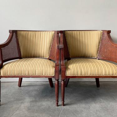 Pair of Vintage Cane Barrel Chairs in Citrus Striped Upholstery