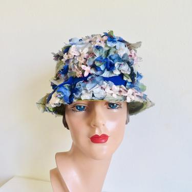 Vintage 1960's Blue Silk and Velvet Floral Hat Bucket Style High Crown Spring Flowers Garden Bridal Wedding Party 60's Millinery Lazarus 
