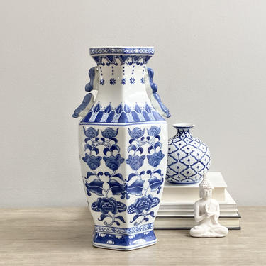 Chinoiserie Vase Large Blue White Ceramic Hexagon Chinese Vase 