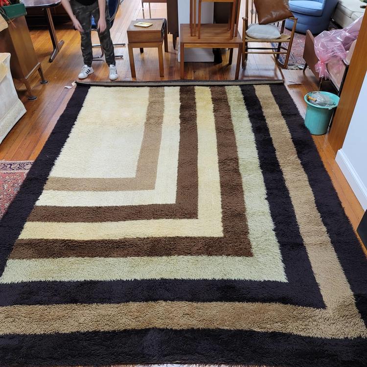 &quot;Barry&quot; Brown, Black and Cream Room-Size 70s Vintage Shag Rug
