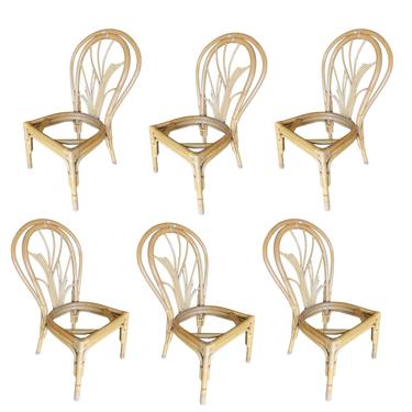 Restored Mid-Century Bent &quot;Palm&quot; Rattan Dining Side Chair, Set of Four 