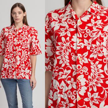 60s 70s Hawaiian Floral Tiki Top - Men's Large | Vintage Red &amp; White Button Up Aloha Shirt 