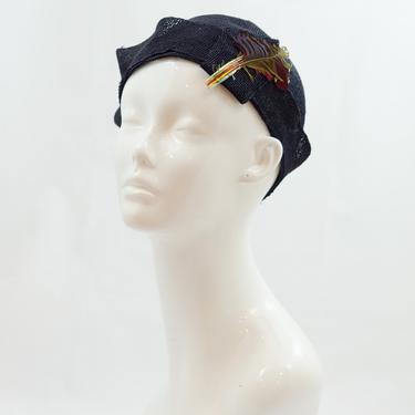 1930s Vintage Hat - Tight Knit or Woven Navy Blue Cap With Feather Trim - Straw Mesh 