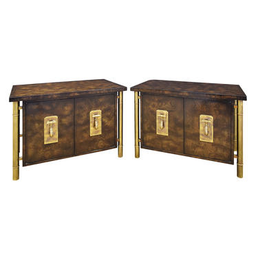 Mastercraft Pair Of Luxurious Bedside Tables In Carpathian Elm And Brass 1960s