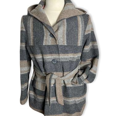 Vintage 1970s Women's Wool Blanket Coat ~ Size M to L ~ Hooded Jacket ~ Belted 