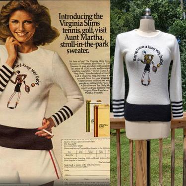 1975 Virginia Slims You've Come Long Way Baby Tennis Sweater with Flapper Embroidery 70s Tobacciana Women's Vintage Size Small 