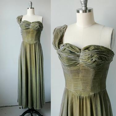 1950s Dress Green Velvet Full Circle Skirt XS 