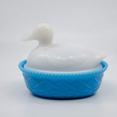 Antique Duck on Nest White and Blue Milk Glass Dish 