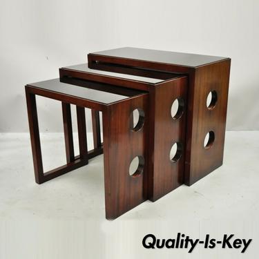 James Mont Mid Century Modern Mahogany & Glass Top Art Deco Nesting Side Tables