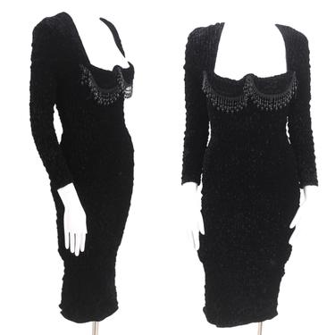 90s ISABEL MARTIN body con velvet beaded dress S-M  / vintage 1990s London club designer sexy shelf bust sheath dress one size 