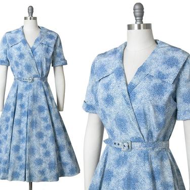 Vintage 1950s Dress | 50s Bubble Polka Dot Printed Rayon Blue Full Skirt Day Dress (small) 