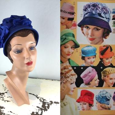 Heads Held High - Vintage 1950s 1960s Royal Blue Nylon Chiffon Bucket Cloche Beehive Hat 