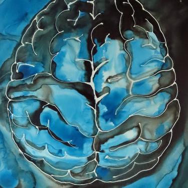 Mood Indigo Brain -  original ink painting on yupo - neuroscience art 