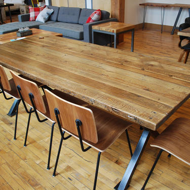 Farm Table made with 2.5&quot; thick reclaimed wood top and steel base.  Variety of table bases, sizes and finishes available. 