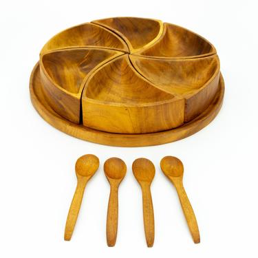 Lawrence Peabody Hand Carved Wood 11 Piece Mid Century Serving Set with Original Box - mcm 