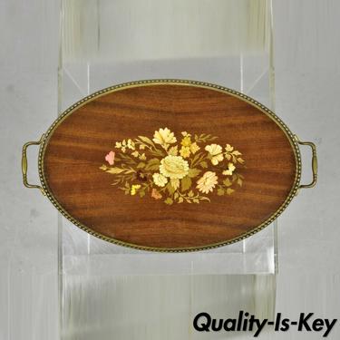 Vintage Italian Florentine Wood Floral Inlaid Oval Serving Platter Tray