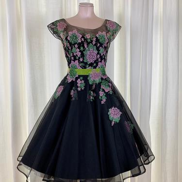 1950's Party Dress - Black Netting with Embroidered Flowers - Sheer Netted Neckline - Nipped Waist with Full Skirt - 26 Inch Waist 