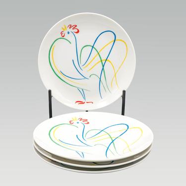 Fitz and Floyd Chanticleer Salad Plates (set of 4) | Vintage Ceramic Modern Dinnerware | Abstract Rooster Design 
