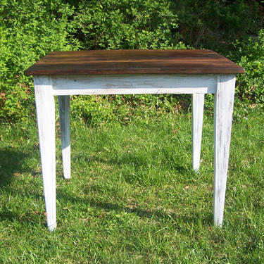 Reclaimed wormy chestnut kitchen table with painted skirt 