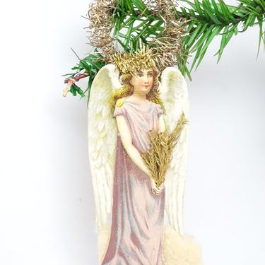 Antique 1800's German Victorian Die Cut and Tinsel Christmas Angel with Dried Leaves and Cotton Scrap Ornament, Vintage Decor 
