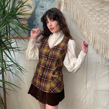 70's PLAID LONG VEST - brass buttons and chains - medium 