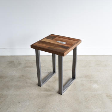 Reclaimed Wood Side Table / Industrial Metal U-Shaped Legs / Patchwork Wood Top 